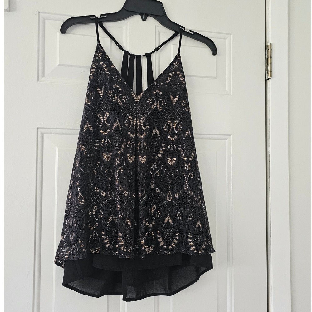 Lucky Brand Camisole Women Large Black Lace‎ Strappy Cage Back Excellent Layered